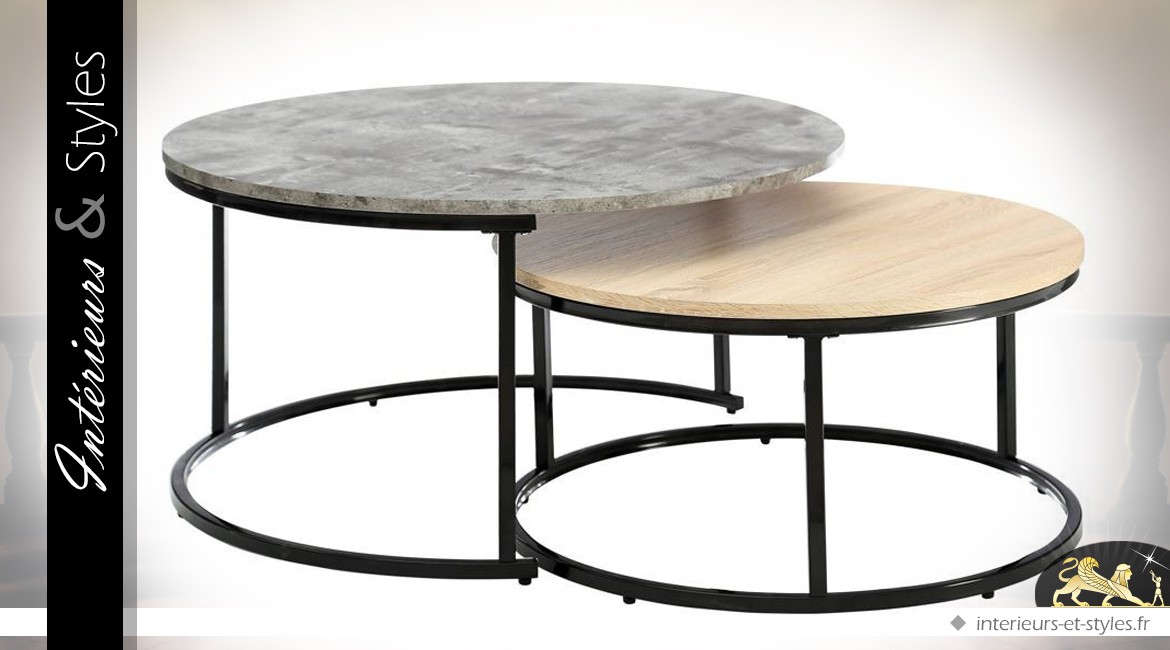 Table basse design métal et bois à deux plateaux circulaires