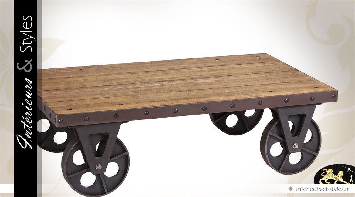 Table basse wagonnet bois et métal style industriel 120 x 70 cm