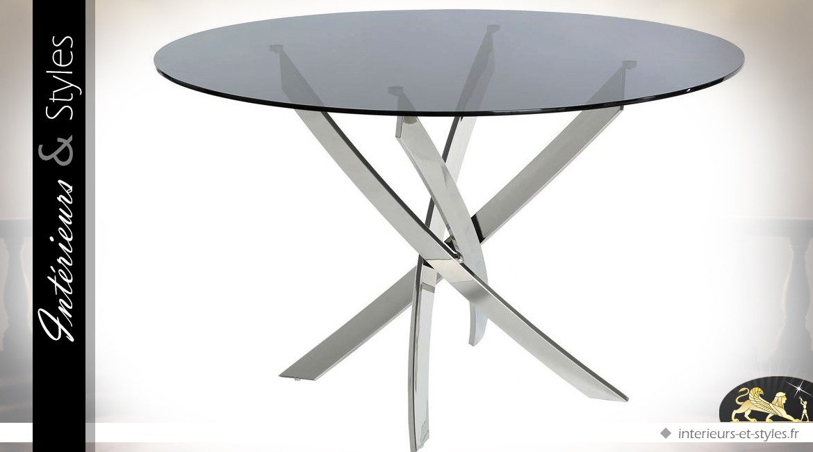 Table ronde design en inox poli et plateau en verre trempé Ø 120 cm