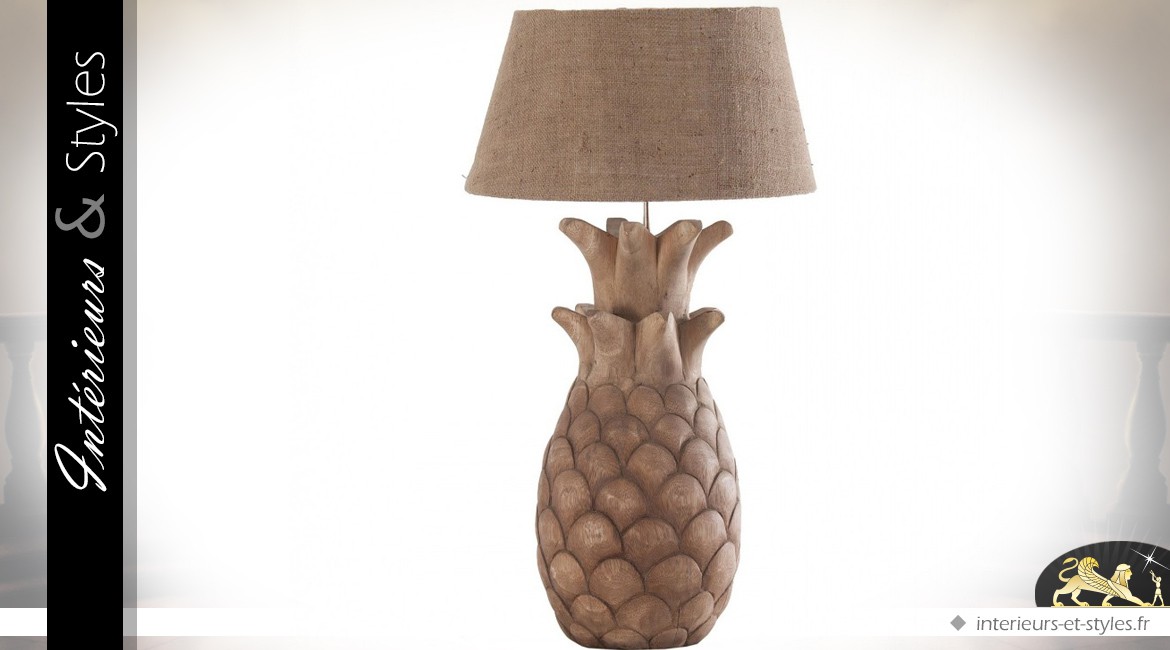 Lampe de table en bois de suar sculpté avec abat-jour écru