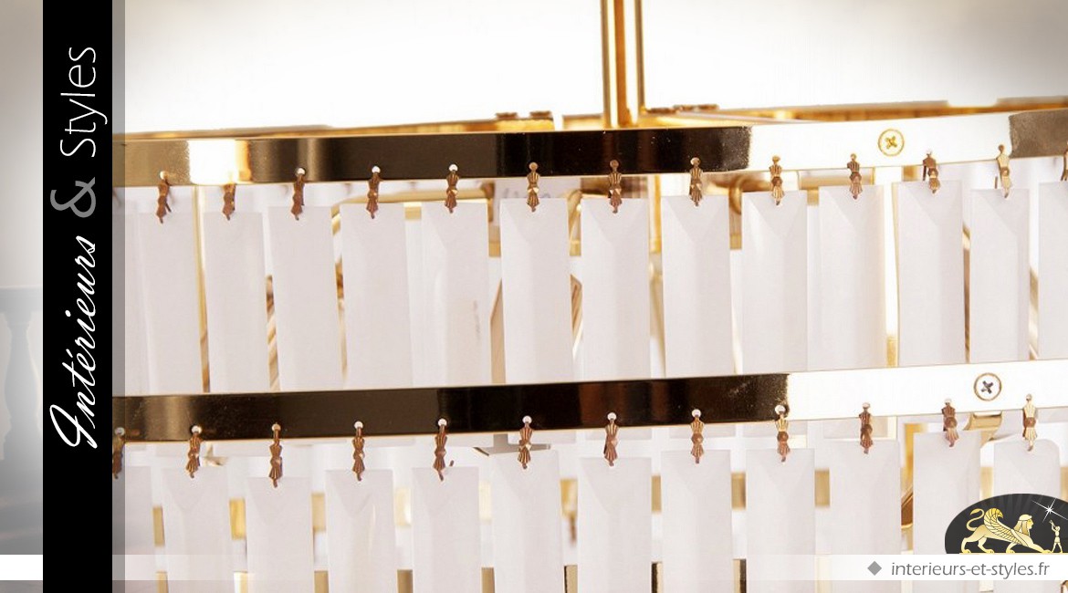 Lustre design doré cylindrique à pampilles nacrées lamellées Ø 70 cm