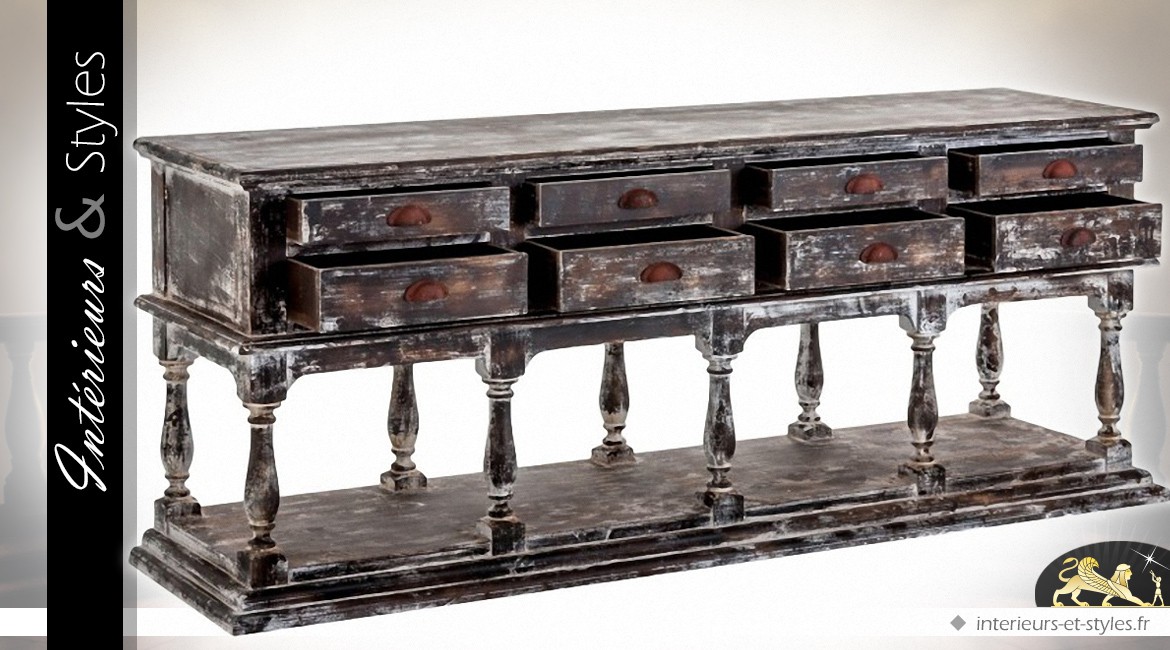 Grande console noire de style ancien à 8 tiroirs noir antique