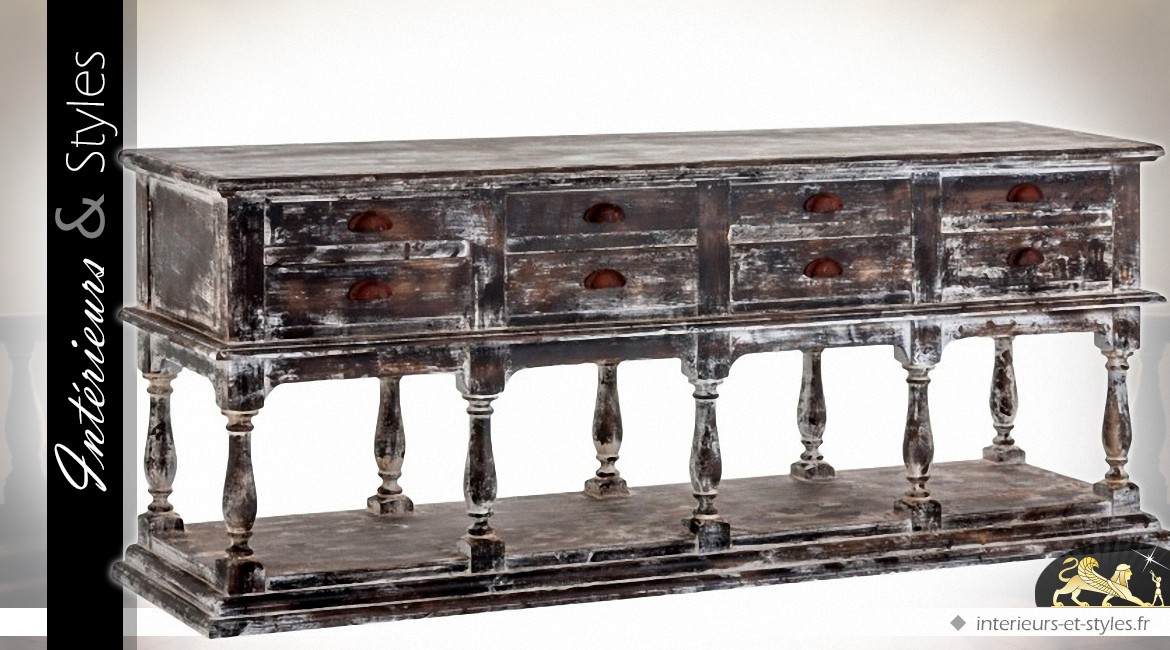 Grande console noire de style ancien à 8 tiroirs noir antique