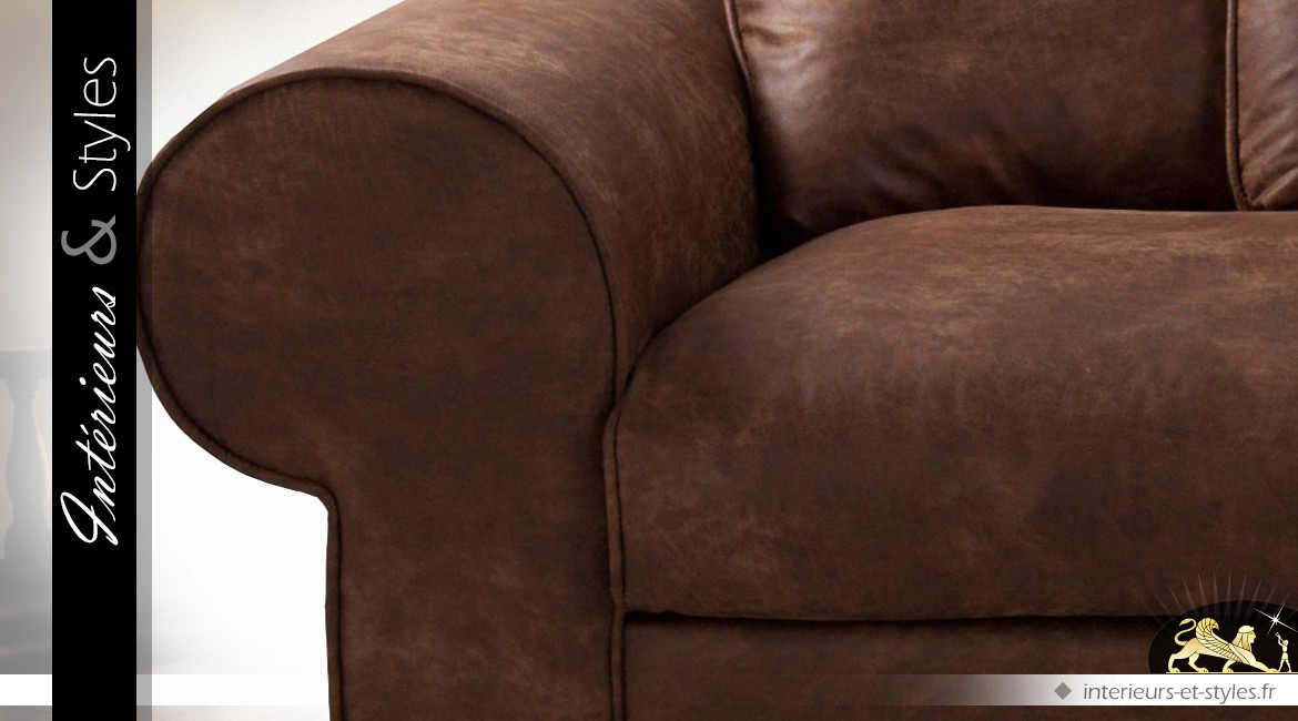 Canapé 3 places marron en microfibre imitation cuir ancien