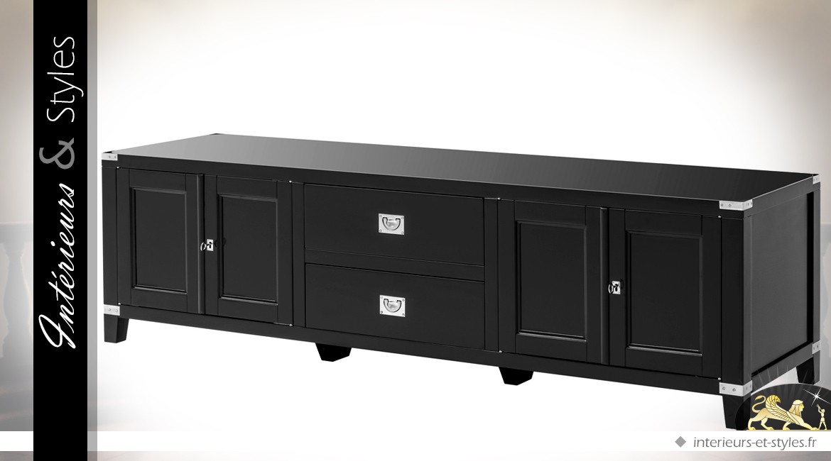 Grand meuble TV design noir et chrome 4 portes 2 tiroirs