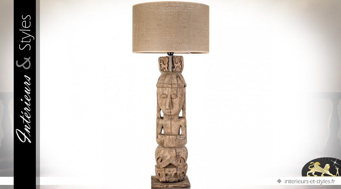 Lampe de table manguier massif sculpté à la main statuette primitive