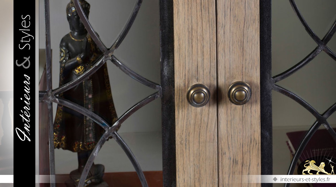 Vitrine à deux portes vitrées de style rétro et rustique en bois et métal