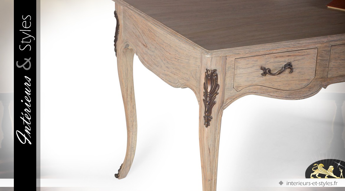 Bureau style Louis XV bois massif finition chêne clair et laiton cuivré