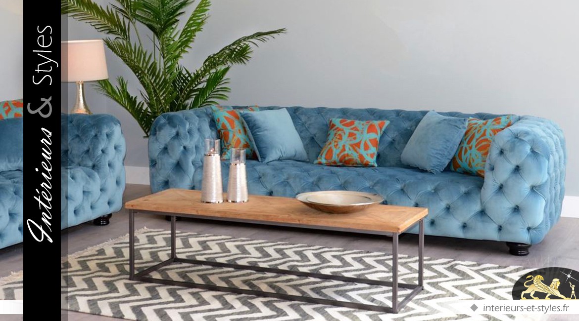 Canapé lounge en pin massif et habillage tissu bleu givré capitonné