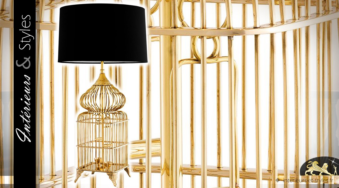 Lampe en laiton doré poli cage à oiseaux avec abat jour noir