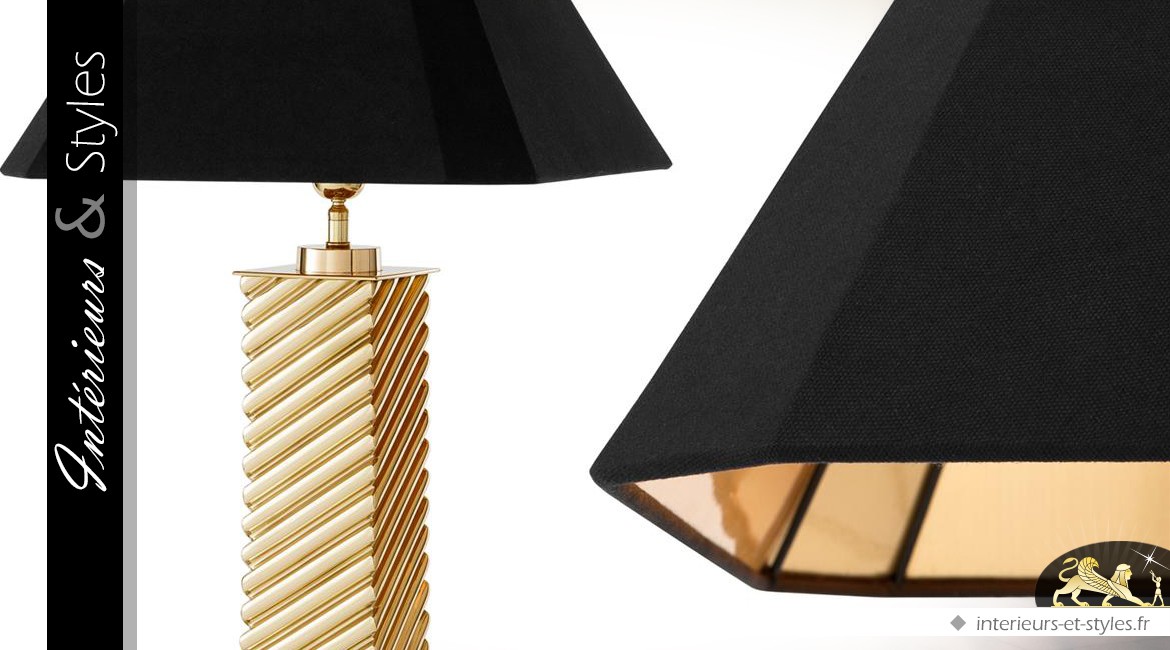 Lampe de salon design en laiton doré poli avec abat-jour noir