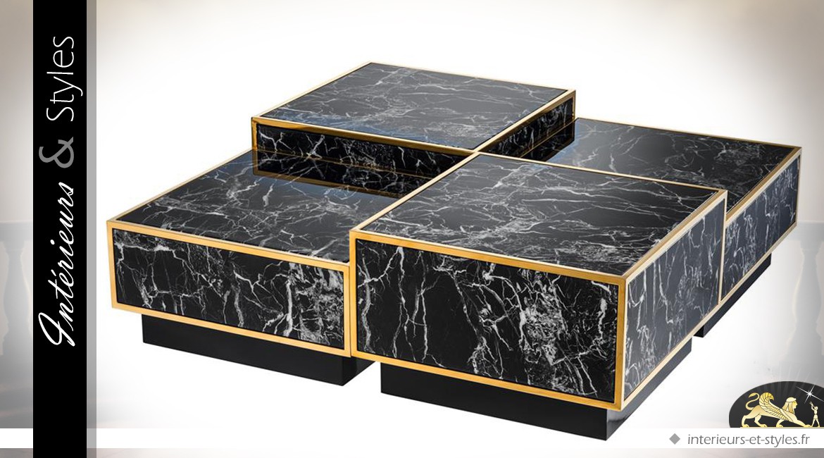 Ensemble de 4 tables basses finition marbre noir et métal doré
