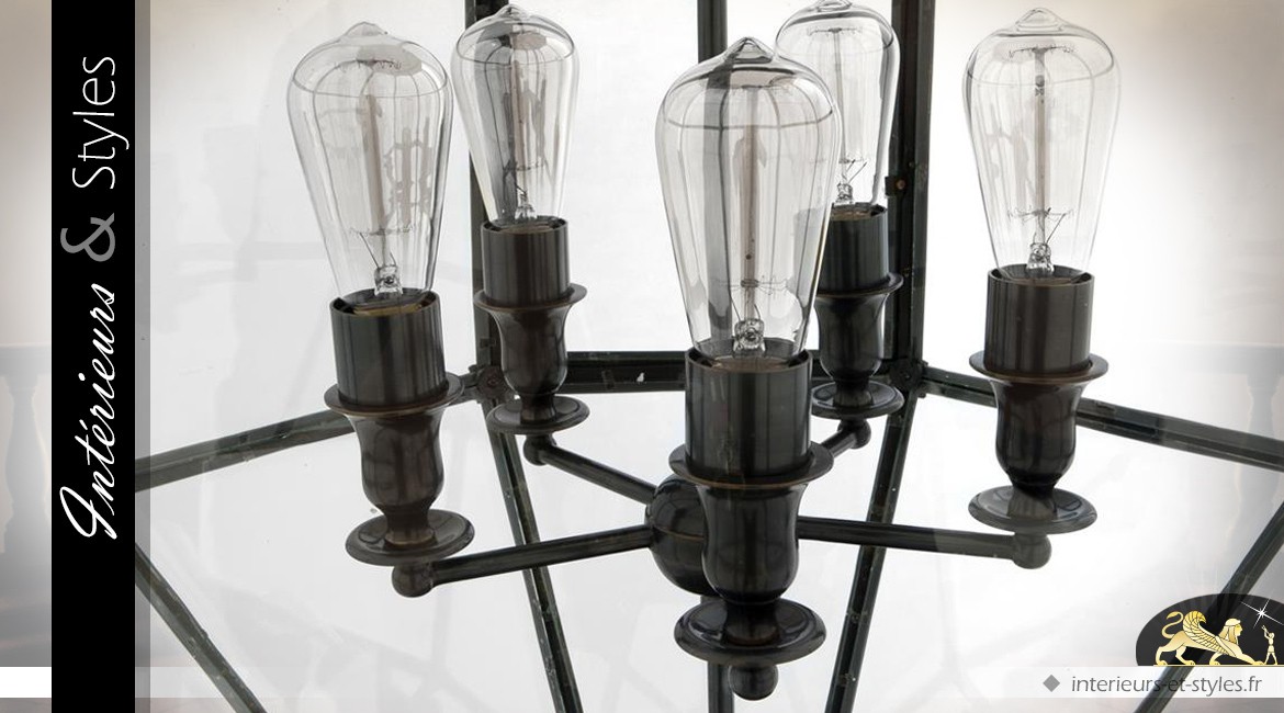Suspension lanterne polyèdre à vitres biseautées Ø 80 cm