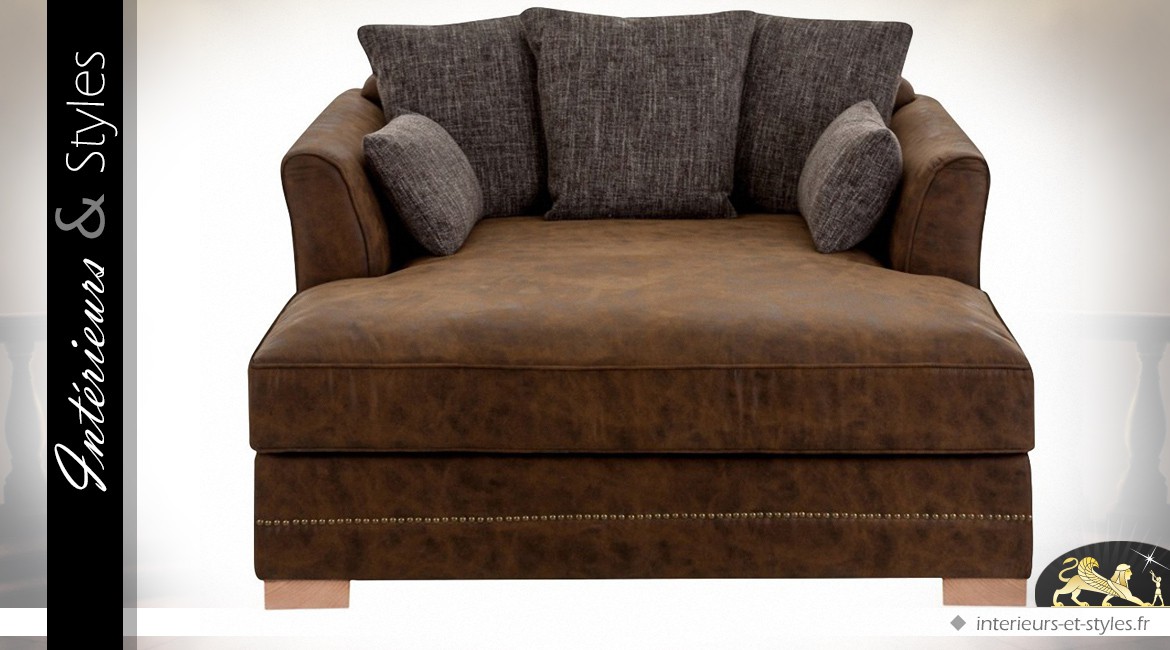 Fauteuil chaise longue similicuir et tissu coloris marron