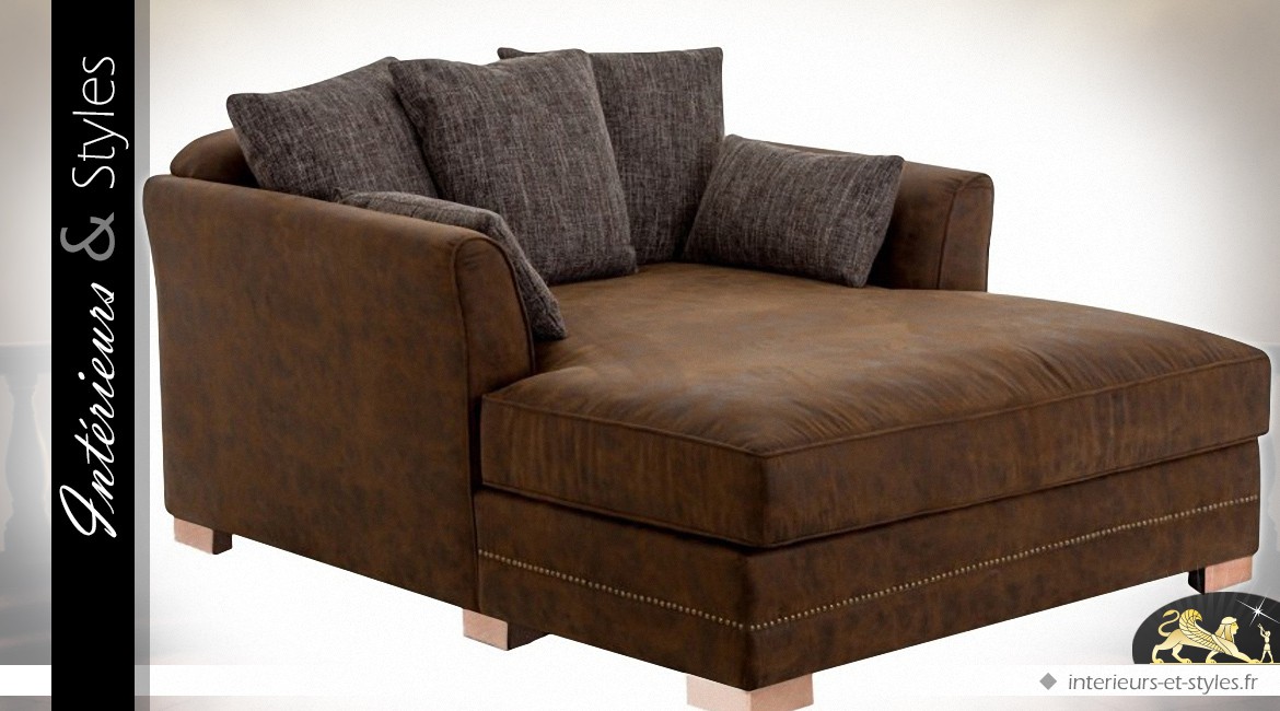 Fauteuil chaise longue similicuir et tissu coloris marron