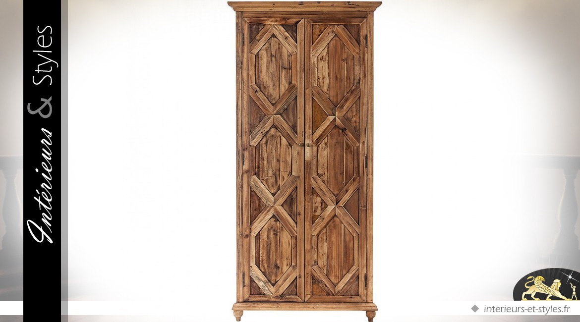 Grande armoire rustique à 2 portes en pin effet vieilli 210 cm