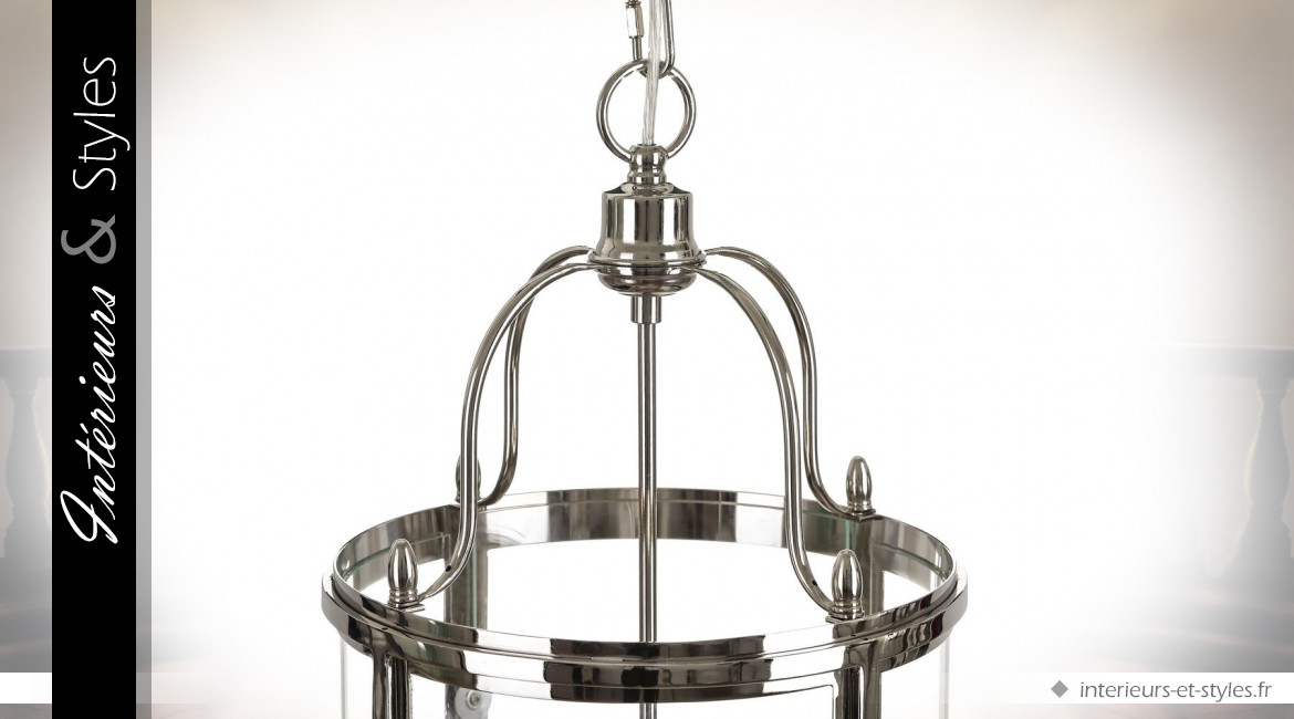 Grande lanterne suspendue en métal chromé et verre style Empire 4 feux 70 cm
