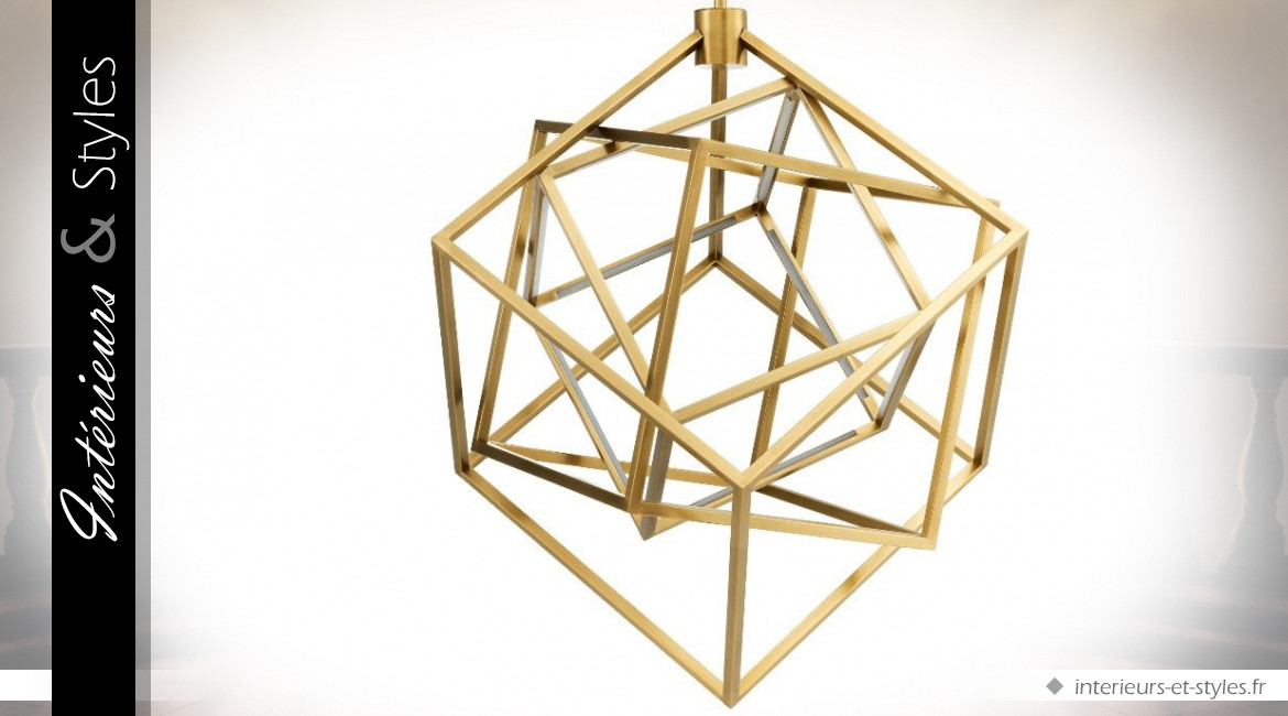 Lustre design cubes concentriques en métal doré brillant effet 3D 82 x 82 cm
