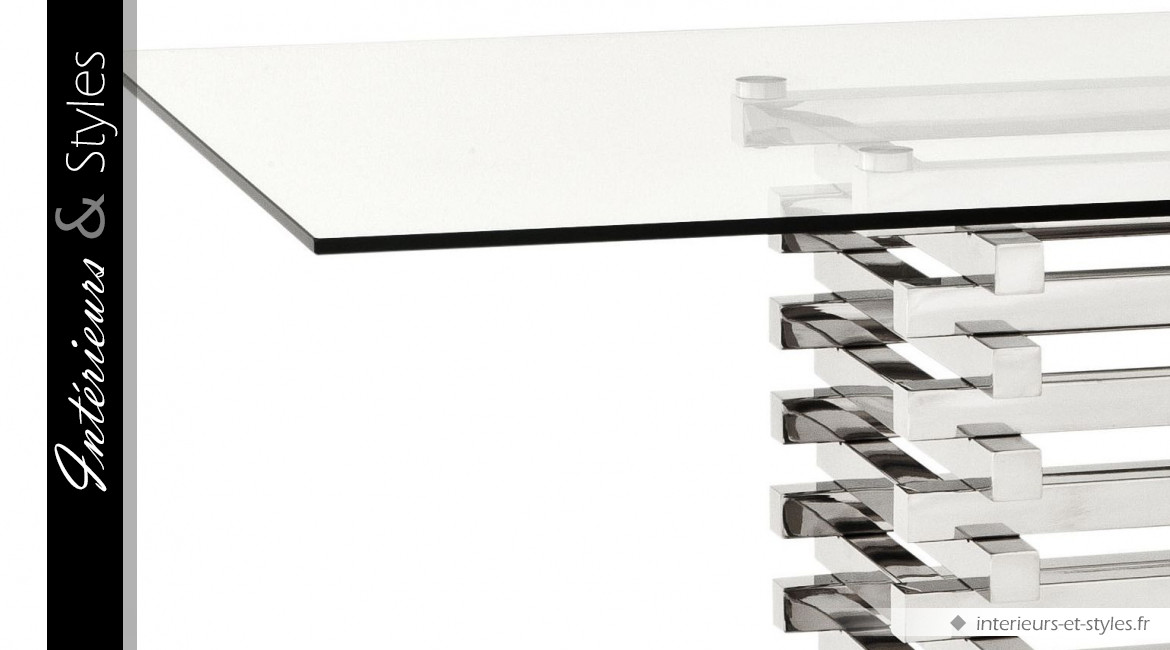 Table de salle à manger design Destro signée Eichholtz, en acier chromé argent et plateau en verre épais