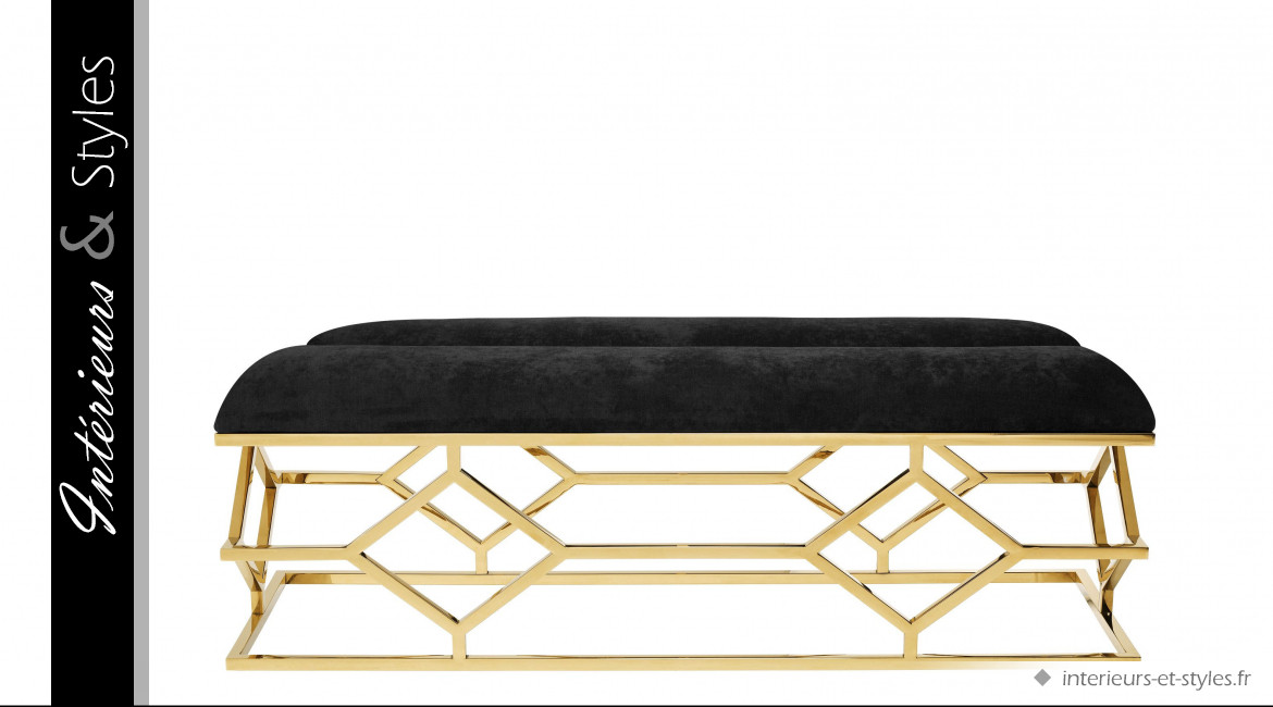 Banquette design Trellis signée Eichholtz, en acier chromé doré et assise velours noir profond