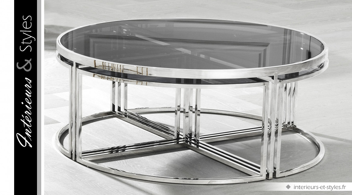 Table basse Padova signée Eichholtz, ensemble modulaire de 5 pièces design, finition argenté brillant et noir fumé