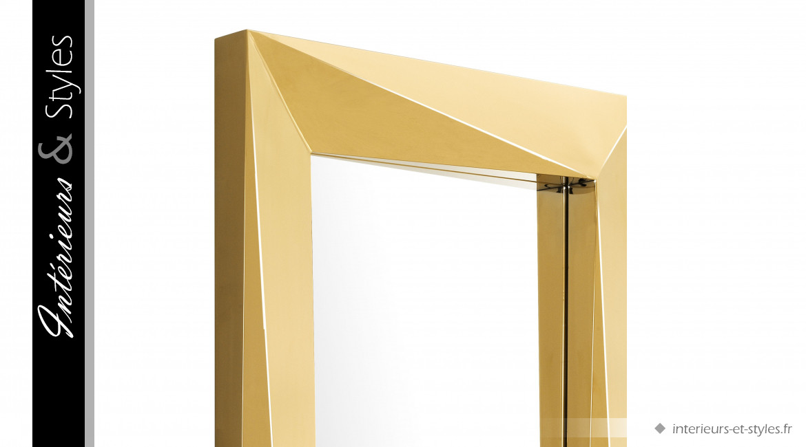 Miroir design Rivoli signé Eichholtz, rectangulaire, en acier chromé doré, ambiance Art Déco
