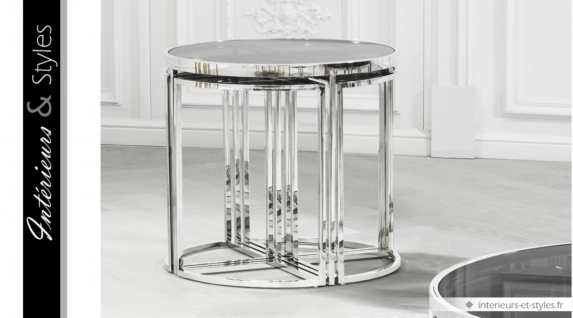 Table d'appoint Vicenza signée Eichholtz, ensemble modulaire de 5 pièces, finition chromé argent et verre fumé noir