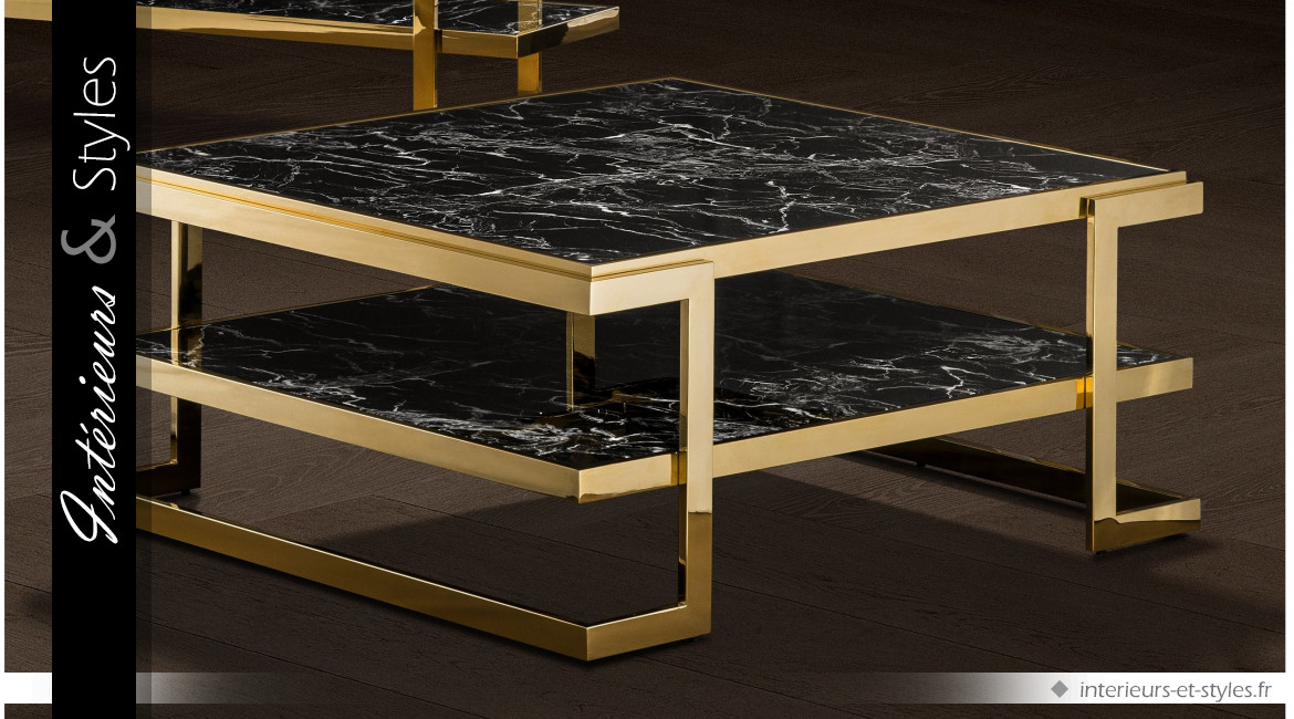 Table basse design Senato signée Eichholtz, en acier chromé doré et plateaux effet marbre noir veiné blanc