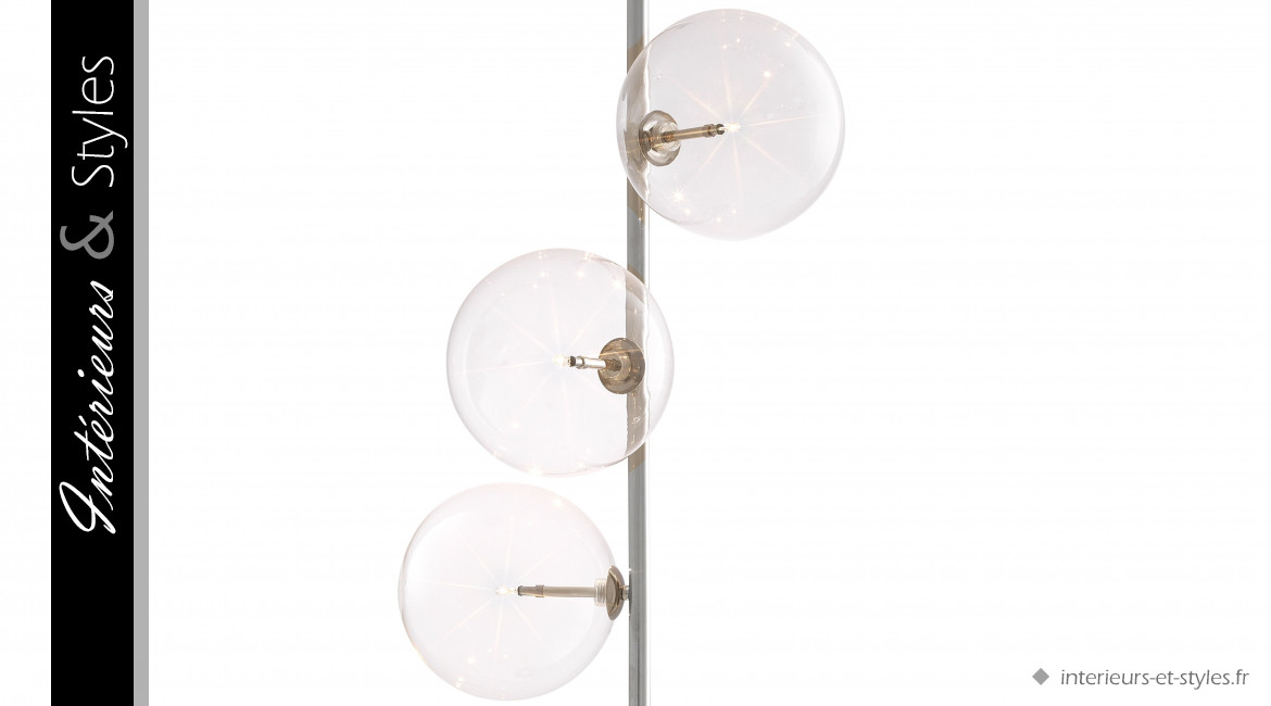 Lampadaire design Tempo signé Eichholtz, base cylindrique en marbre véritable et sphères de verre