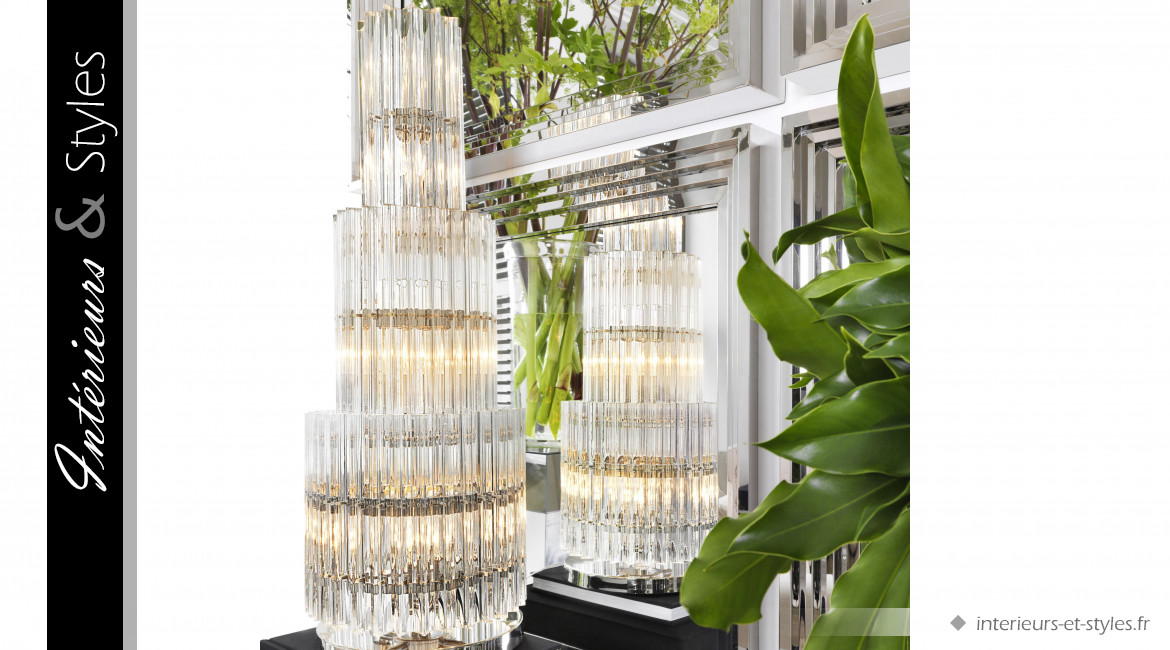 Lampe de salon Eldorado signée Eichholtz, en verre cristalin esprit colonne, 9 points de lumière, 96cm