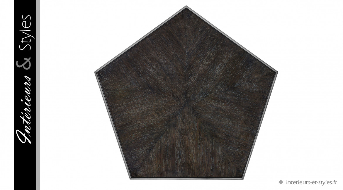 Table basse Pentagon signée Eichholtz, en acier chromé noire brillant et placage en chêne anthracite