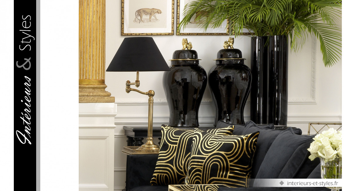Vase Dragon Golden L signé Eichholtz, en porcelaine fine finition noire, sculpture de chien Fu