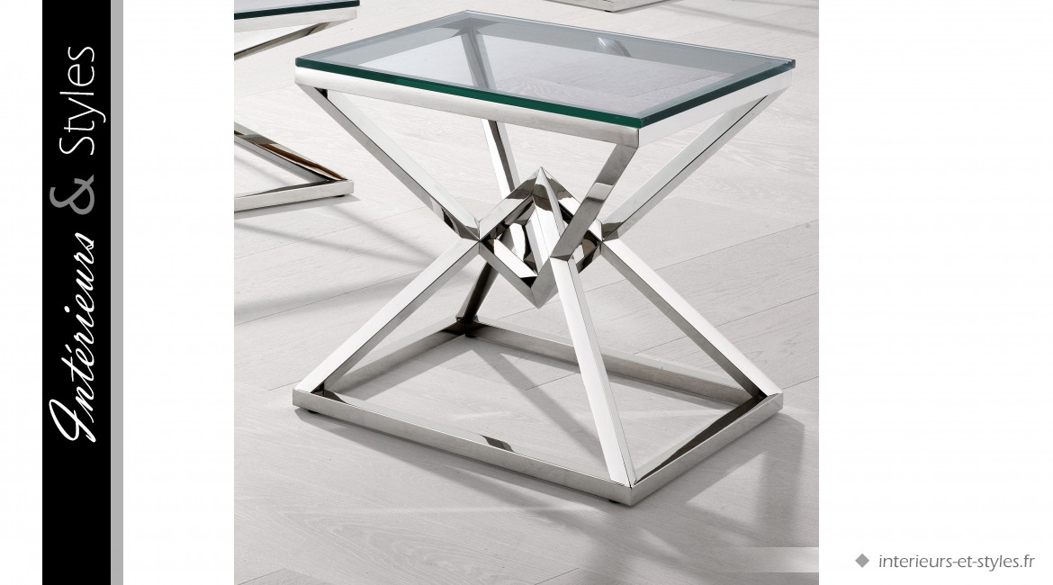 Table d'appoint Connor signée Eichholtz, en acier finition nickelée et plateau épais en verre transparent
