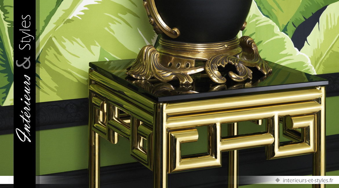 Table colonne design Niagora signée Eichholtz, en acier chromé doré brillant et verre fumé noir intense