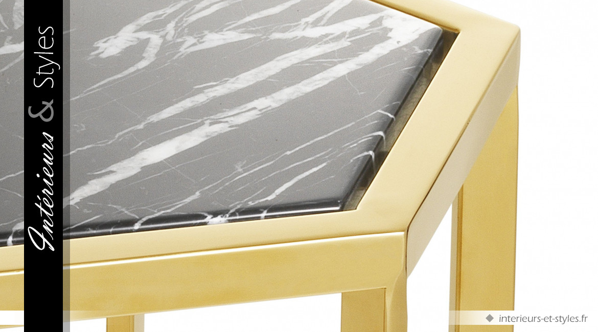 Tables d'appoint design Taro gold signées Eichholtz, série de deux pièces en acier et marbre noir