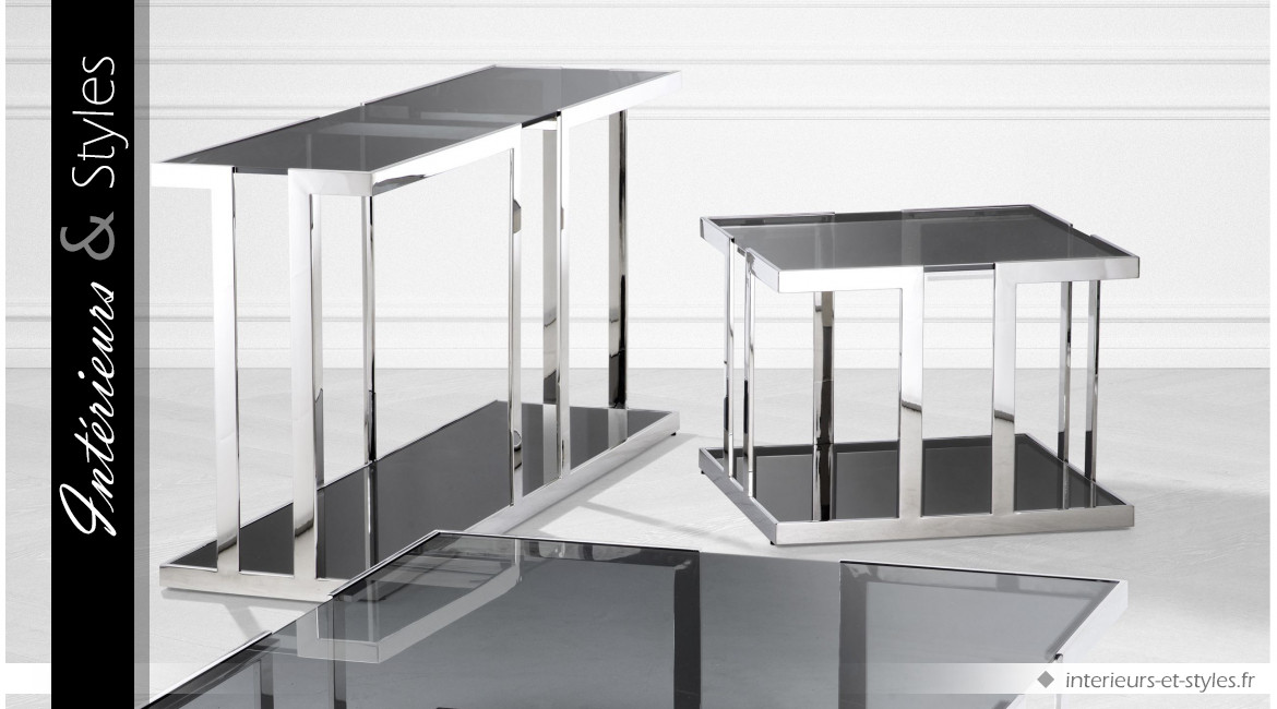 Table d'appoint design Treasure de forme carrée signée Eichholtz, en acier et verre trempé