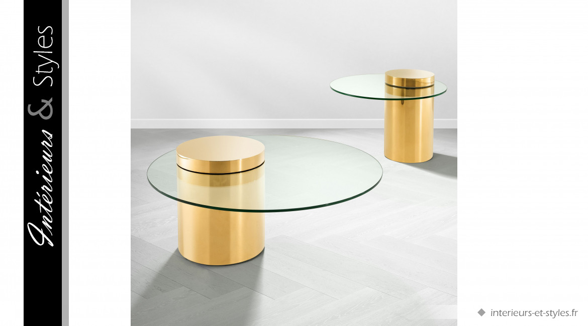 Table d'appoint design Equilibre signée Eichholtz, en métal finition dorée et plateau en verre épais
