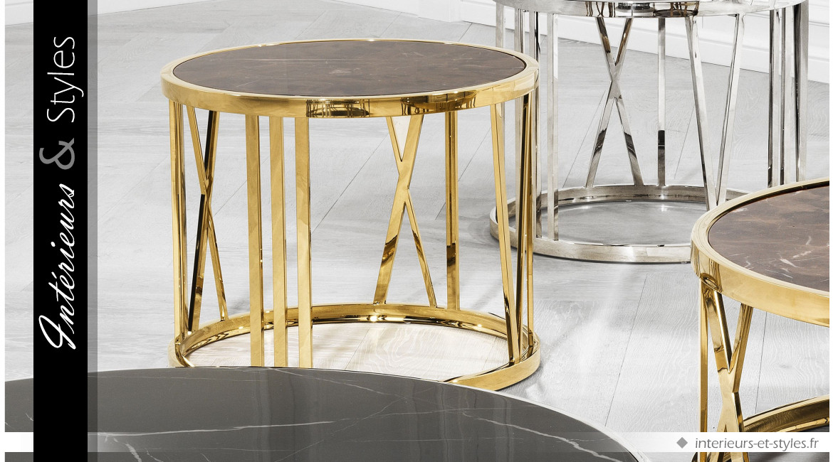 Table d'appoint design Baccarat signée Eichholtz, en acier en finition dorée et marbre italien brun