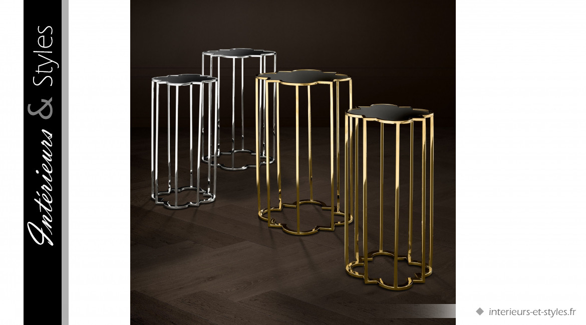 Tables d'appoint design Concentric signées Eichholtz, en acier chromé doré et verre fumé, série de deux pièces