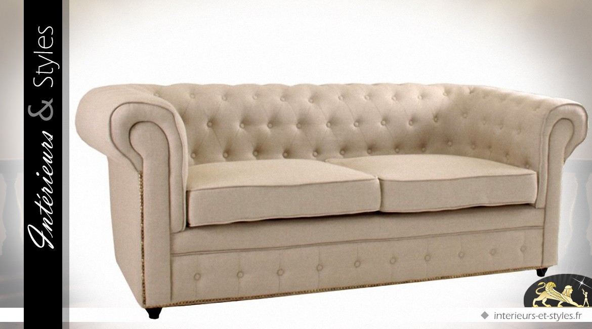 Canapé 3 places en tissu style Chesterfield coloris lin écru