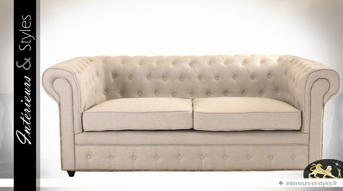 Canapé 3 places en tissu style Chesterfield coloris lin écru