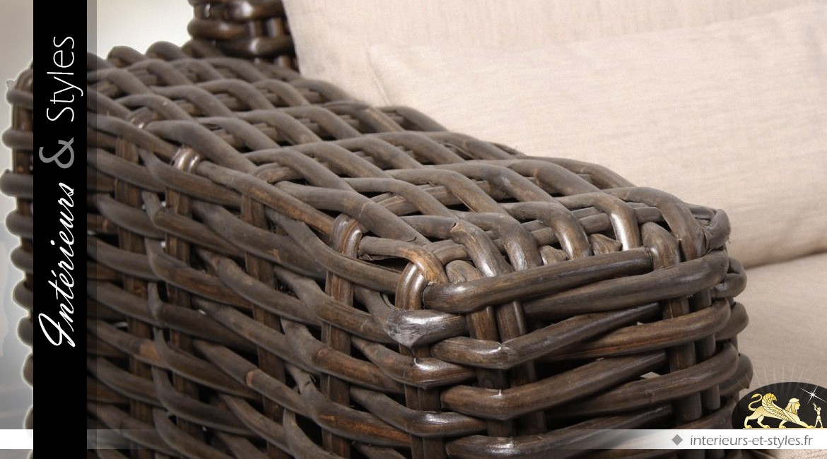 Canapé en rotin brun avec coussins coton écru 2,10 mètres