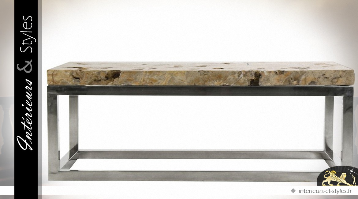 Table basse en pierre naturelle et acier inoxydable argenté