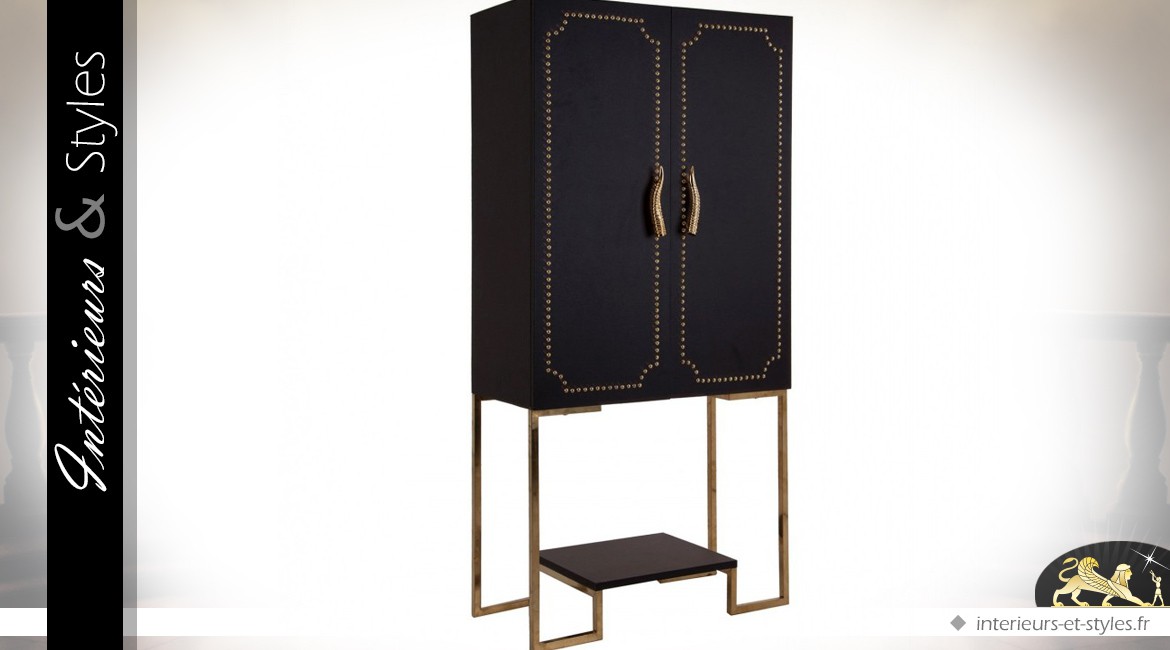 Buffet meuble bar design noir en similicuir et métal doré