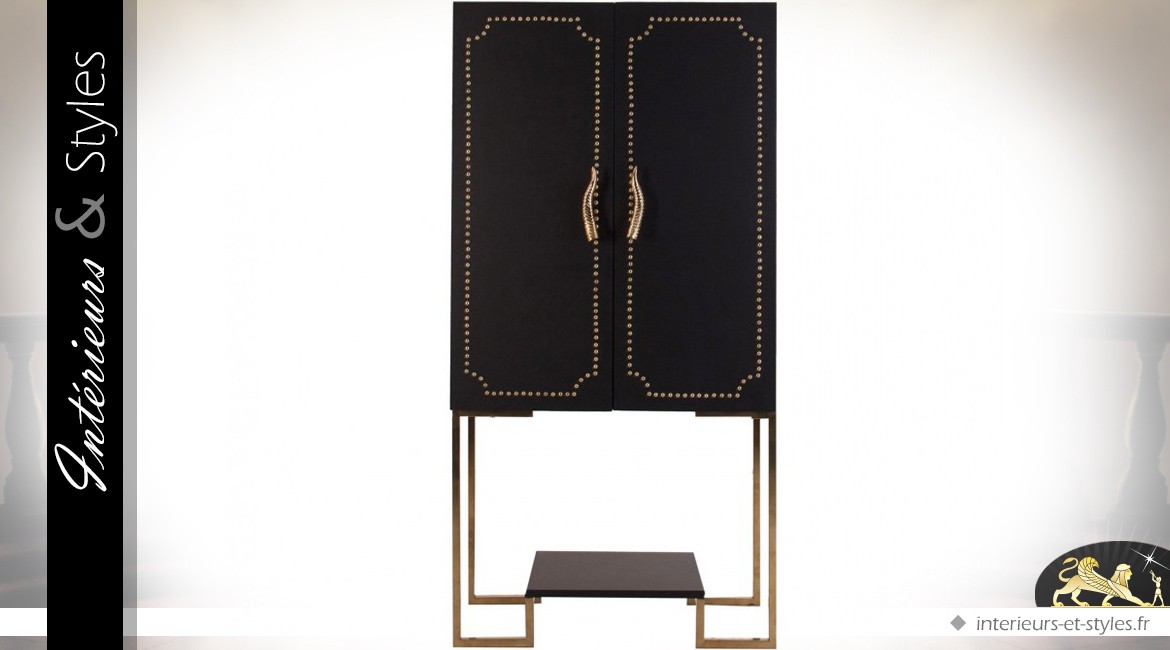 Buffet meuble bar design noir en similicuir et métal doré