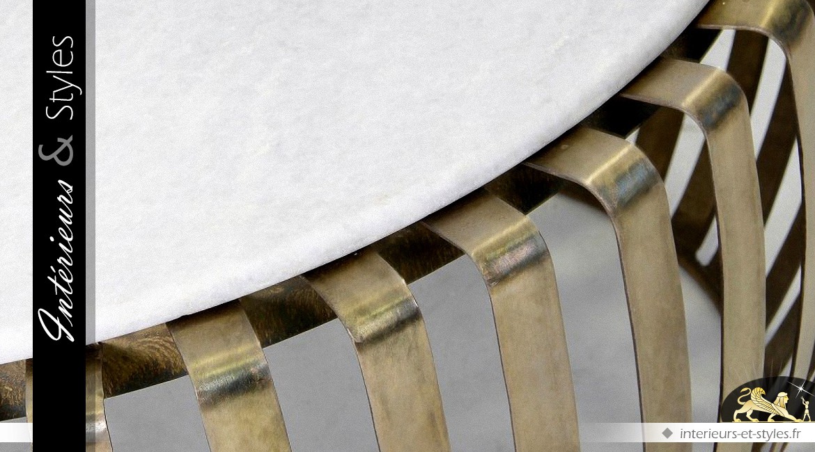 Table basse design ronde en laiton doré et marbre blanc