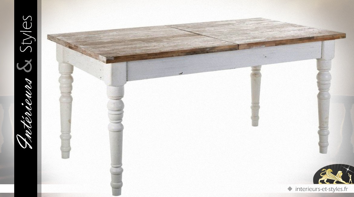 Table rustique extensible en pin recyclé finition blanc et bois naturel