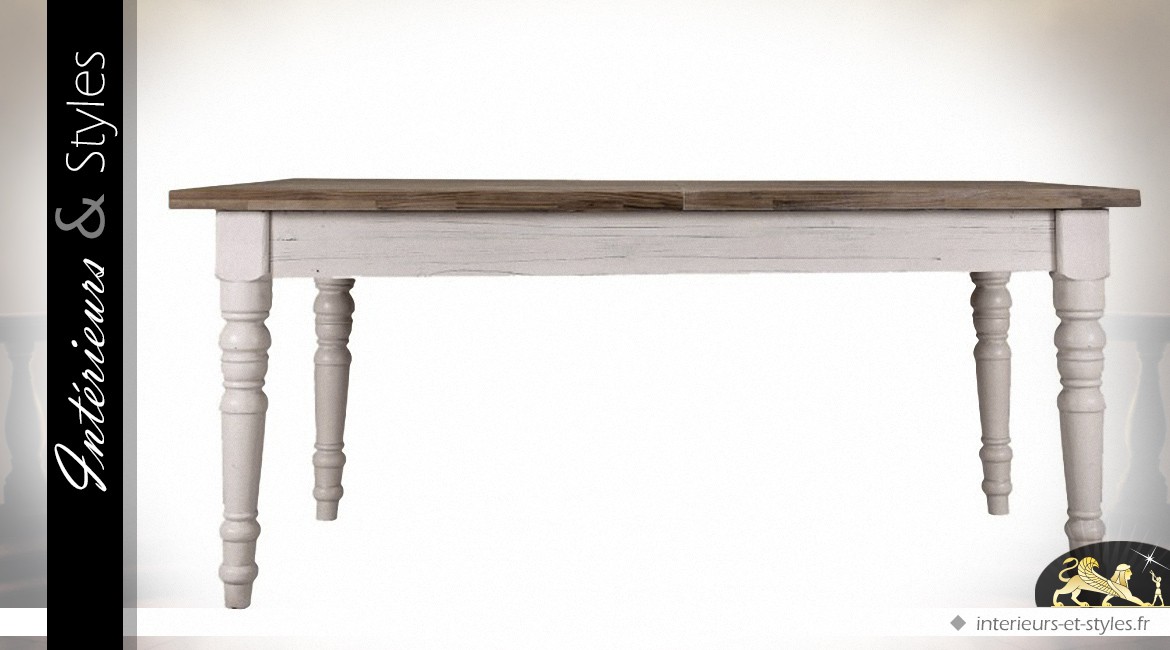 Table rustique extensible en pin recyclé finition blanc et bois naturel