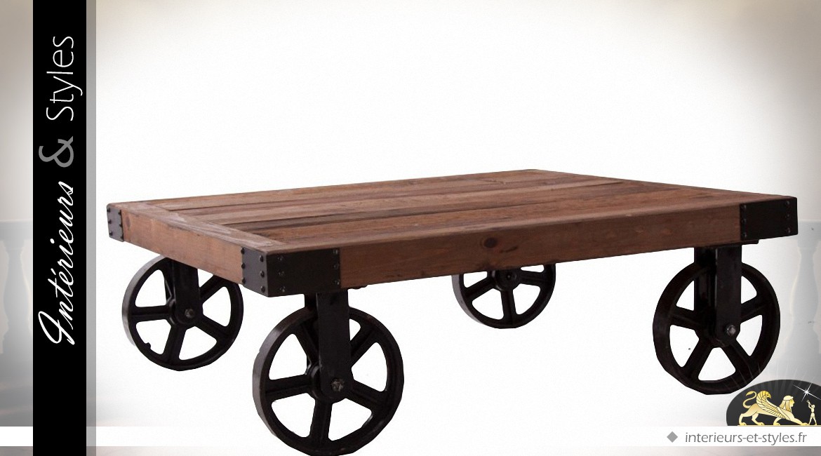 Table basse carrée en bois et métal en forme de draisine