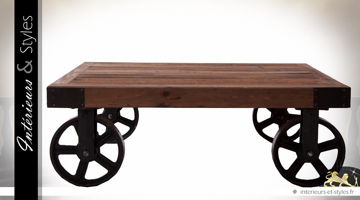 Table basse carrée en bois et métal en forme de draisine